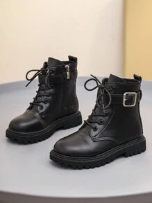 1 paire de bottes mi-mollet noires pour tout-petits et enfants, à lacets à l'avant, fermeture éclair latérale, boucle métallique, bout rond, plate-forme souple antidérapante et confortable, convient aux garçons et filles de 3 à 12 ans, nouvelle collection automne/hiver