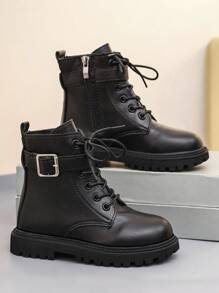 1 paire de bottes mi-mollet noires pour tout-petits et enfants, à lacets à l'avant, fermeture éclair latérale, boucle métallique, bout rond, plate-forme souple antidérapante et confortable, convient aux garçons et filles de 3 à 12 ans, nouvelle collection automne/hiver