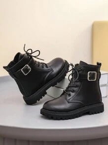 1 paire de bottes mi-mollet noires pour tout-petits et enfants, à lacets à l'avant, fermeture éclair latérale, boucle métallique, bout rond, plate-forme souple antidérapante et confortable, convient aux garçons et filles de 3 à 12 ans, nouvelle collection automne/hiver