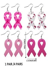 1pair/4pairs Breast Cancer Awareness Pink Ribbon PU Leather Earrings, Charity Event Donation Gift