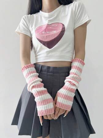 1 Pair Warm Women Winter Arm Warmers, Halloween Gift, Horror Ornaments, Open-Finger Ladies Gloves, Halloween Party, Striped Arm Sleeve, Skeleton/Skull Spider Bat Horror Elements, Autumn Winter Knitted Arm Sleeve