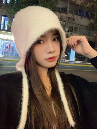 1pc Women Simple Plush Soft Tie Headband Earmuff Knitted Hat, Suitable For Daily Wear In Winter