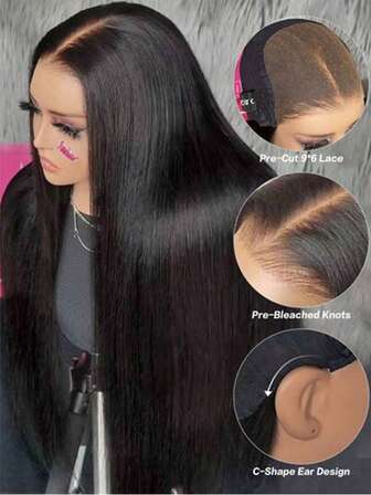 Peluca con cierre de encaje liso sin pegamento precortada de 9x6 pulgadas, con nudos previamente decolorados, pelucas de cabello humano ideales para principiantes con una densidad del 150% y máxima división de peluca de cabello humano