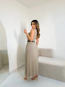 Women's Fresh Modal Set With Plain Belt Summer 3RD SD1262 - 卡其色 - 查看 3