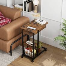 Side Table C Shape, Sofa Side Table With Wheels, Mobile Narrow 3-Level Couch Side Table For Coffee Laptop Industrial 75 X 60 X 35 Cm