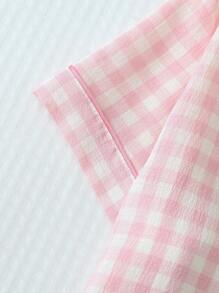 2pcs Women Plaid Print Pajamas Set, Short Sleeve Button Down Shirt And Pants, Casual Sleepwear For Home Use, Spring, Two Pieces Set - 粉色 - 查看 5