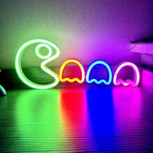 1 个 Pacman 霓虹灯，约 35x14.5 厘米（13.7x5.7 英寸），USB/电池供电，两用，男士游戏室、墙壁和桌面装饰灯，适用于卧室、宿舍、庭院、酒吧、婚礼、情人节、万圣节、圣诞节