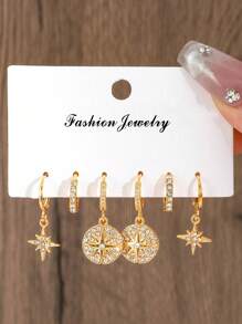 3 Pairs/ Set Golden Star Design Shiny Rhinestone Inlaid Dangle Earrings Elegant Luxury Style Delicate Female Gift For, - Gold - View 2