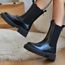 Thick Insulated Women's Boots, Autumn/Spring New Thick Bottom Chelsea Mid-Calf Black Shaft Boots For Women