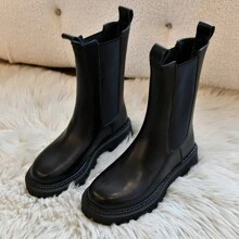 Thick Insulated Women's Boots, Autumn/Spring New Thick Bottom Chelsea Mid-Calf Black Shaft Boots For Women