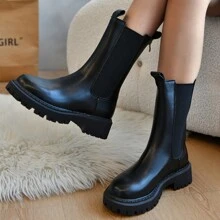 Thick Insulated Women's Boots, Autumn/Spring New Thick Bottom Chelsea Mid-Calf Black Shaft Boots For Women