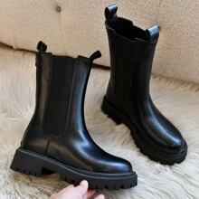Thick Insulated Women's Boots, Autumn/Spring New Thick Bottom Chelsea Mid-Calf Black Shaft Boots For Women