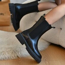 Thick Insulated Women's Boots, Autumn/Spring New Thick Bottom Chelsea Mid-Calf Black Shaft Boots For Women