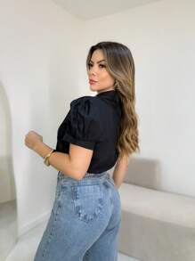 Tricoline Blouse With Princess Sleeve Collar Application - 黑色 - 查看 2