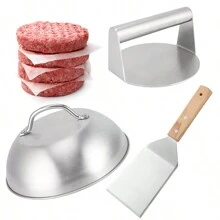 3 件套烧烤工具套件，含 50 张油纸、不锈钢锅盖、汉堡压榨机、烹饪铲，适合烧烤 - 彩色 - 查看 1