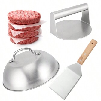 3 pièces/Set Kit d'outils de barbecue avec 50 pièces de papier huilé, couvercle de casserole en acier inoxydable, presse à hamburgers, spatule de cuisine, convient pour le grillage