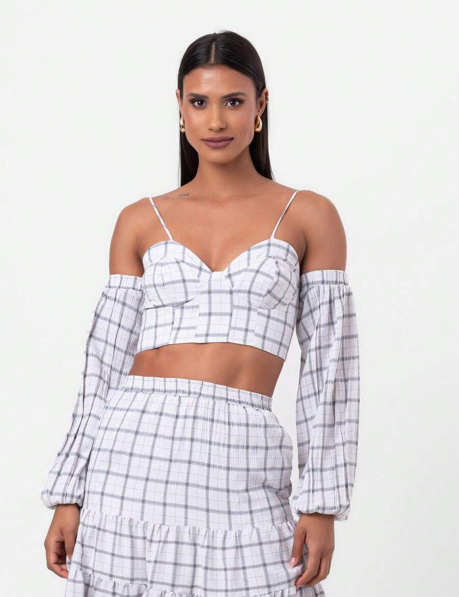 Black And White Pequiá Plaid Cropped Top - trắng - Xem 1