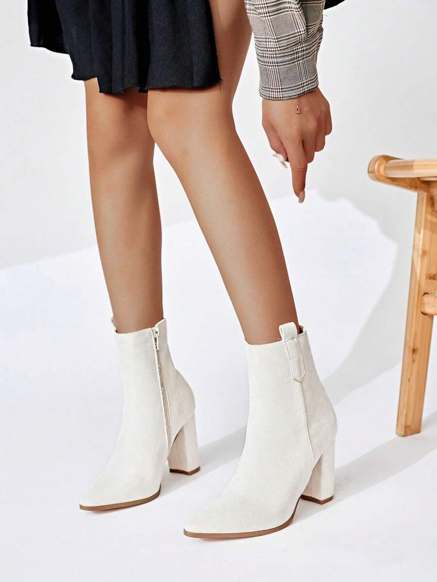 纯色侧拉链时尚百搭尖头绒面革低跟踝靴