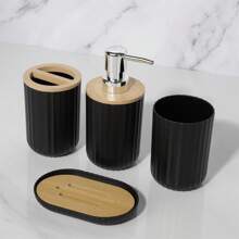 1pc Bamboo Covered Bathroom Accessory Set,8pcs Bathroom Accessories Set - Toothbrush Holder, Mouthwash Cup, Soap Dispenser, Soap Dish, Toilet Brush, Trash Can, Shower Curtain And Hook For Bathroom Supplies, Bath Set Housewarming Gift - Black - View 4