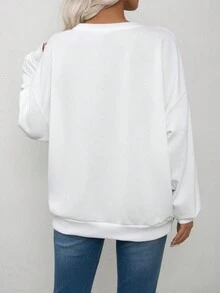 Women's Casual Drop Shoulder Warm Cotton Lined Pullover Sweatshirt, Loose Design With Graphic, Comfortable & Versatile For Autumn/Winter