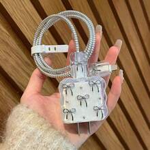 5 件套钢珠蝴蝶结/蝴蝶/花朵/心形线缆保护器，18-20W 兼容 苹果充电器手机数据线防摔保护壳 - 銀色 - 查看 1