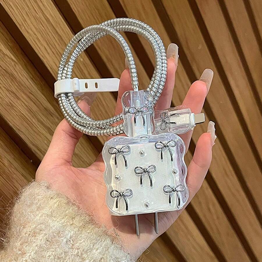 5 件套钢珠蝴蝶结/蝴蝶/花朵/心形线缆保护器，18-20W 兼容 苹果充电器手机数据线防摔保护壳 - 銀色 - 查看 1