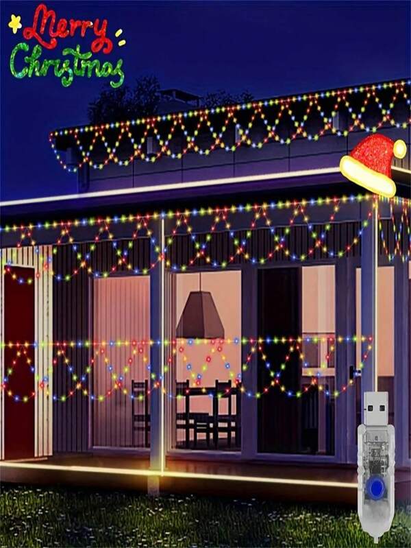 1 pièce Lumière suspendue extérieure à 138 LED - Conception en glaçons semi-circulaire, alimentée par USB avec 8 modes, parfaite pour l'arrière-cour, le patio, le jardin, les fêtes, les mariages - Coloré