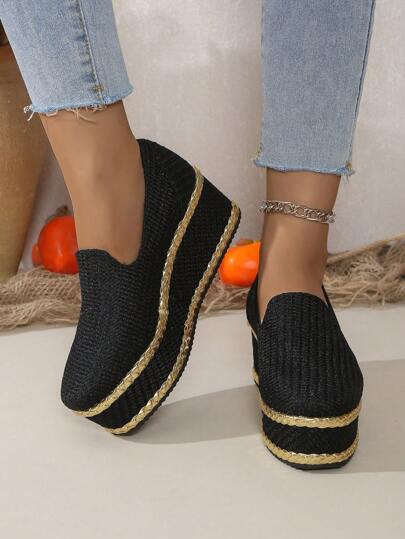 Elegante, leichte Damen Segeltuch Slip-On Schuhe mit hoher, wasserdichter Plateausohle, Stofffutter und PU-Außensohle, geeignet für den täglichen Gebrauch, Reisen und legere Outfits