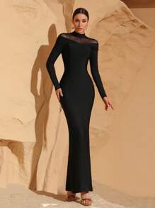 Modphy Black Sexy Mesh Patchwork Long Sleeve Rhinestone Elegant Bandage Long Mermaid Dress, Women's Formal Party Gowns Suitable For Eid Al Fitr, Formal Evening Dresses,Wedding Guest