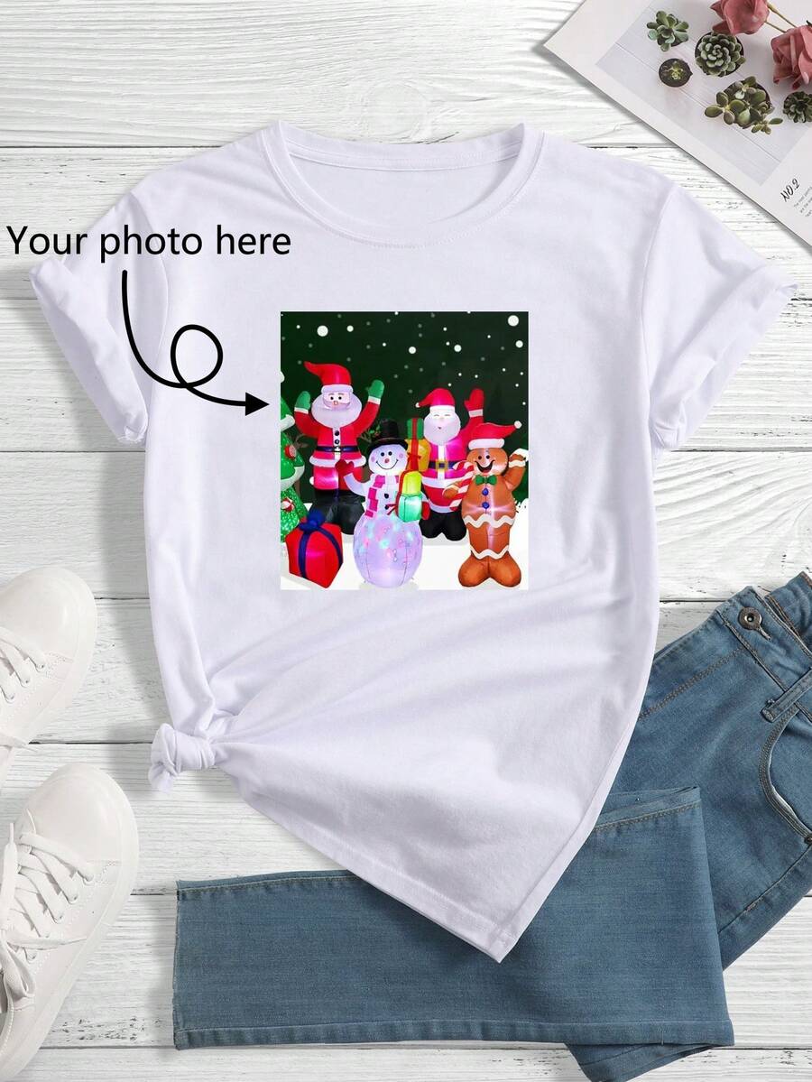 1 pieza Camiseta de mujer de cuello redondo y manga corta con estampado de patrones navideños personalizados - Blanco - Ver 1
