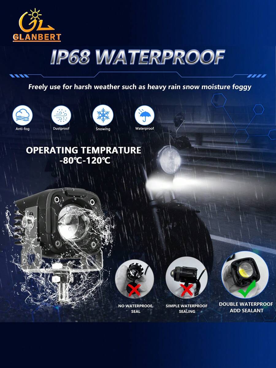 GLANBERT 1Set Motorcycle LED Spotlight, TwoColor Thick Shell With