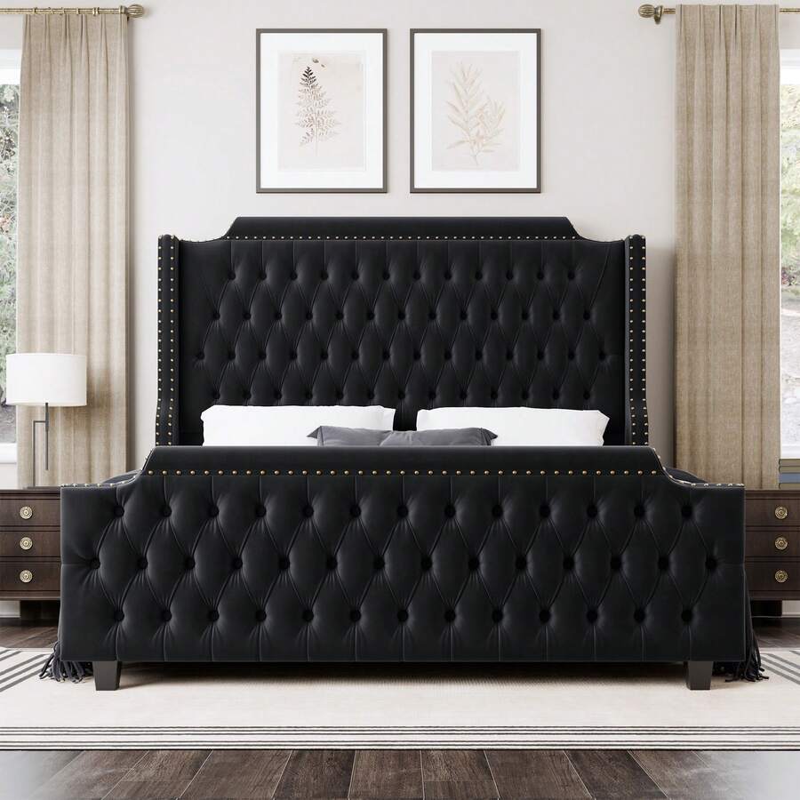 Queen/King Size Bed Frame With Tall Headboard, Platform Bed With Deep Button Tufted Footboard, Velvet Upholstered Bed Frame, Nailhead Trim, Handmade Pleats, No Box Spring Needed - 黑色 - 查看 1