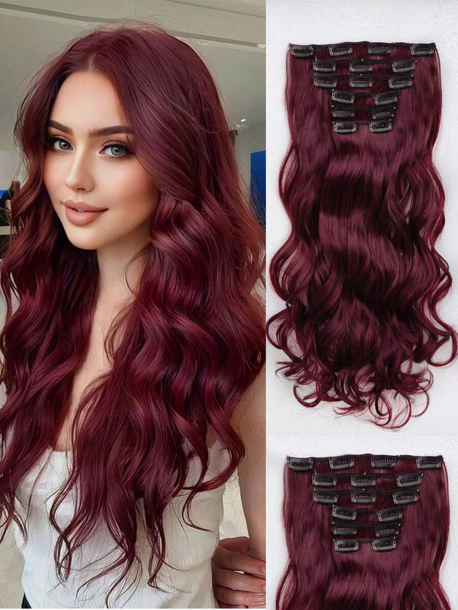 Clip In Synthetic Hair Extensions Long Wavy , Hair Extensions Clip In Hair Extensions22 Inch,Red Color