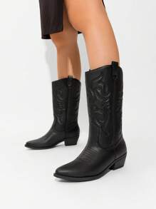 Women'S Cowboy Western Boots Point Toe Pull On Cowgirl Boots  Embroidered Detail Chunky Heeled Spring And Winter Back To School Party Festival Matching Dress Mid Calf Black Boots - màu đen - Xem 8