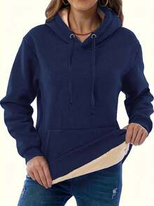 女士秋冬新款欧式长袖纯色抓绒连帽衫，休闲长袖上衣 - 寶藍色 - 查看 2