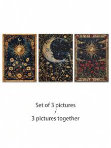 Bộ 3 tranh canvas treo tường phong cách cổ điển thiên thể, họa tiết mặt trời và mặt trăng, hoa lá, trang trí phong cách Boho huyền bí cho phòng khách, phòng ngủ và văn phòng, khung tranh tùy chọn. - Nhiều màu - Xem 22