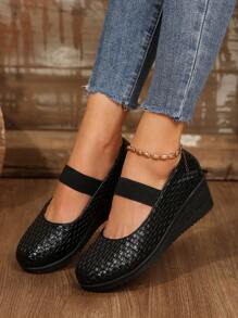 大码女式圆头粗跟不对称印花高跟鞋，欧码 36-43，黑色几何印花优雅舒适仿皮厚底露跟高跟鞋，适合日常穿着、室内外场合、派对