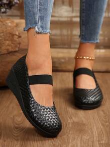 大码女式圆头粗跟不对称印花高跟鞋，欧码 36-43，黑色几何印花优雅舒适仿皮厚底露跟高跟鞋，适合日常穿着、室内外场合、派对