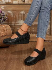 大码女式圆头粗跟不对称印花高跟鞋，欧码 36-43，黑色几何印花优雅舒适仿皮厚底露跟高跟鞋，适合日常穿着、室内外场合、派对