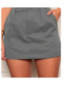 Short Skirt Tailoring With Leather Belt - Gris - Ver 2