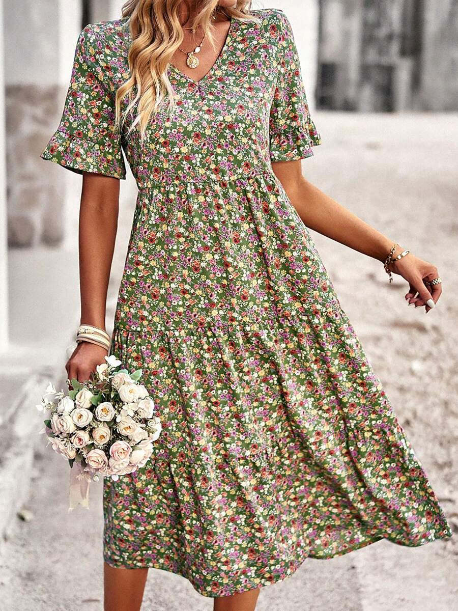 Women's Dress Summer Lady Sundress V Neck Basic Slim Fitted - Green - View 1