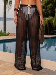 Hawaiian Lace Beach Pants With Drawstring - 黑色 - 查看 1