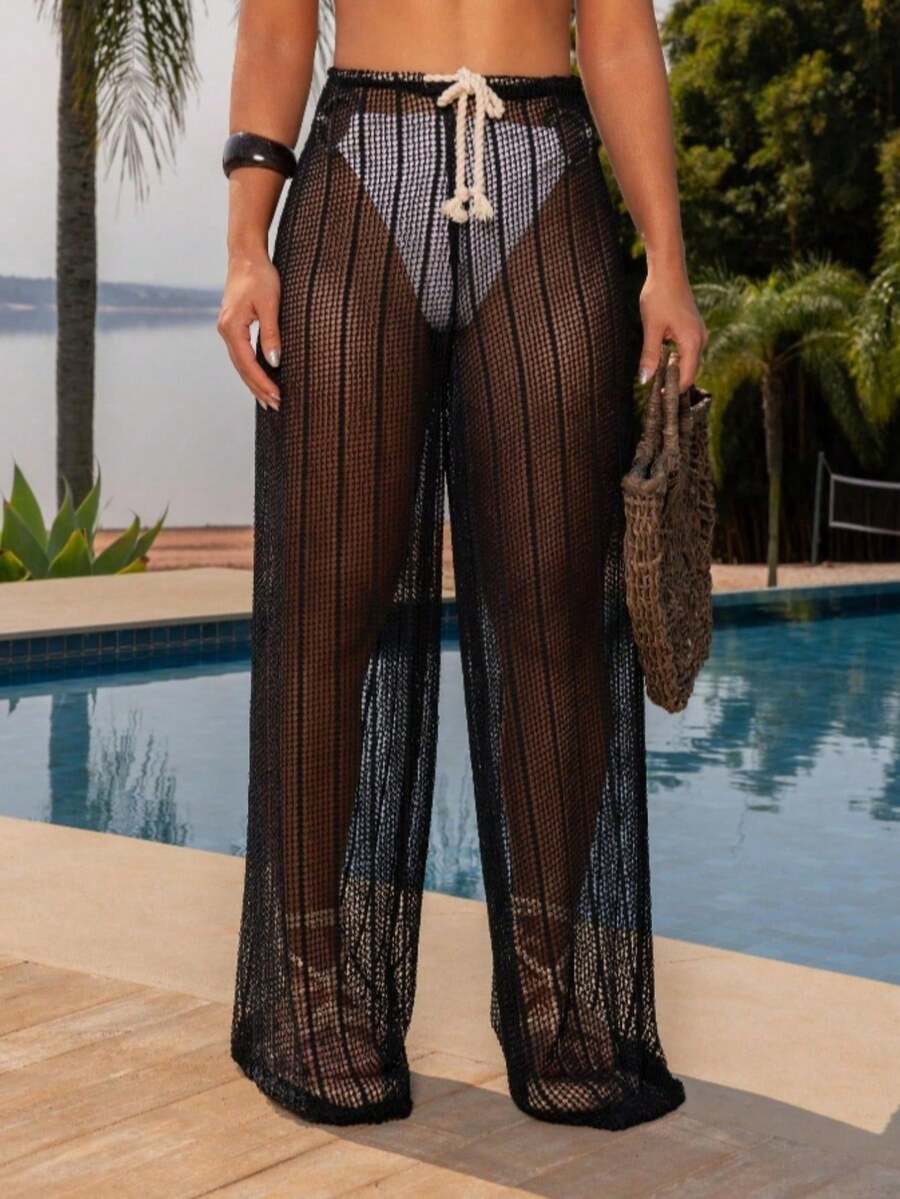Hawaiian Lace Beach Pants With Drawstring - 黑色 - 查看 1