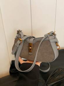 时尚拼色拼布手提包，女士迷你方形单肩包，百搭通勤必备 - 灰色 - 查看 10