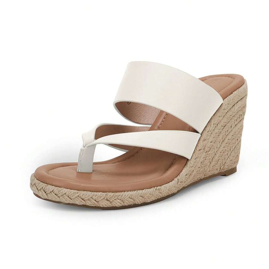 Women's Espadrille Wedge Sandals Platform Thong Leather Strap Slides Backless Slip On Summer Casual Flip Flops Christmas Gift & New Year Gift - trắng - Xem 1