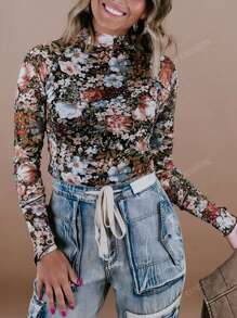 Brown Floral Long Sleeve High Neck Sheath Mesh Blouse