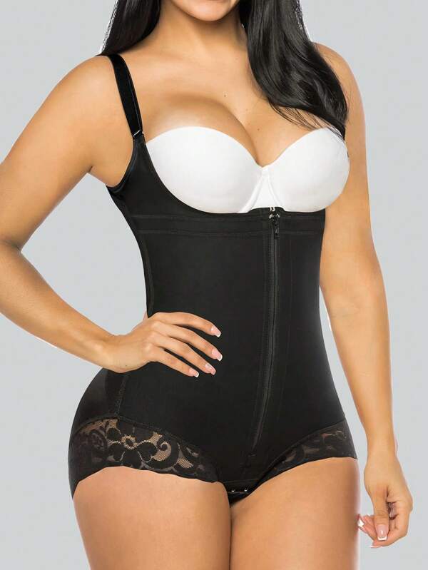 Black 1pc Shapewear For Women Tummy Control Body Shaper Zipper Open Bust Bodysuit