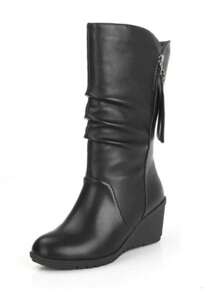 Botas de media pantorrilla para mujeres, botas negras de tacón alto, estilo británico, adelgazante, nueva puntera redonda, cremallera lateral, cuña plana, botas largas