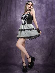 Gothic Lace-Up Ruffle White Mesh Cami Dress - Black and White - View 4