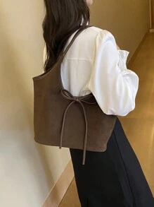 Túi Tote thường ngày dành cho phụ nữ, vải da lộn cổ điển, sức chứa lớn, trang trí nơ, in chữ, khối màu, túi xách đeo vai, thích hợp để sử dụng hàng ngày và đi làm, thanh lịch và đa năng, túi cổ điển lấy cảm hứng từ phong cách retro dành cho phụ nữ, túi Tote dành cho quý cô - Cà phê nâu - Xem 3